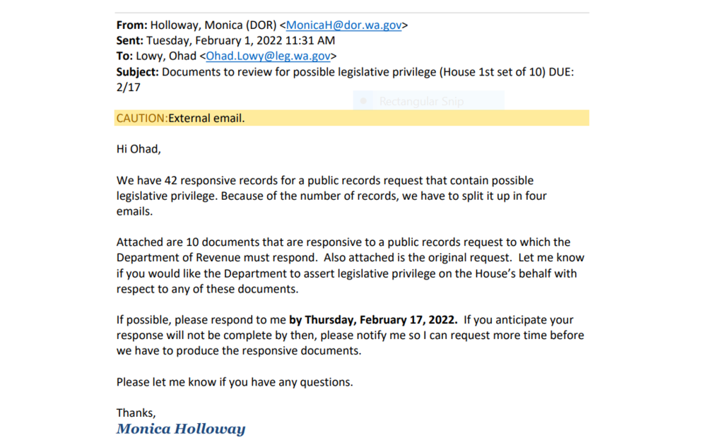 A picture of an email from a Department of Revenue staffer offering to redact records for Washington lawmakers.