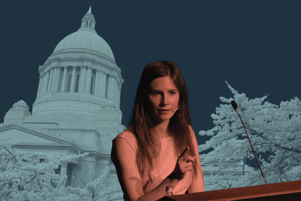 photo illustration of Amanda Knox and the state capitol.