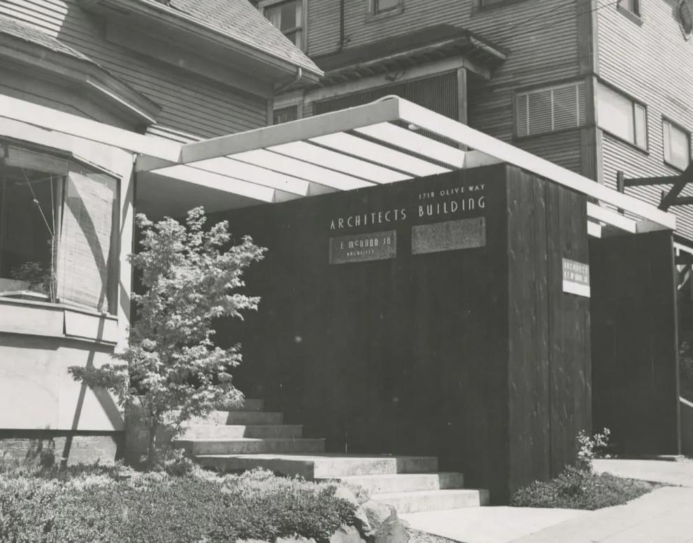 vintage black and white photo of a midcentury mod office building