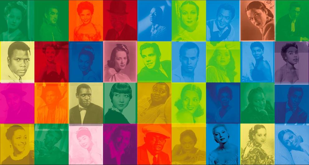 an artwork featuring a windowpane of headshots of actors of color, each covered in a translucent pane of color