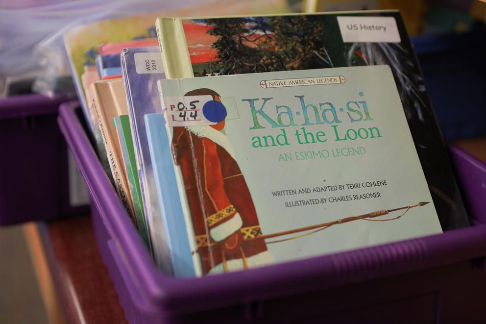 A bin of children's books about Native peoples 
