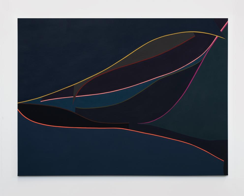 a very dark painting with thin wavy lines of color
