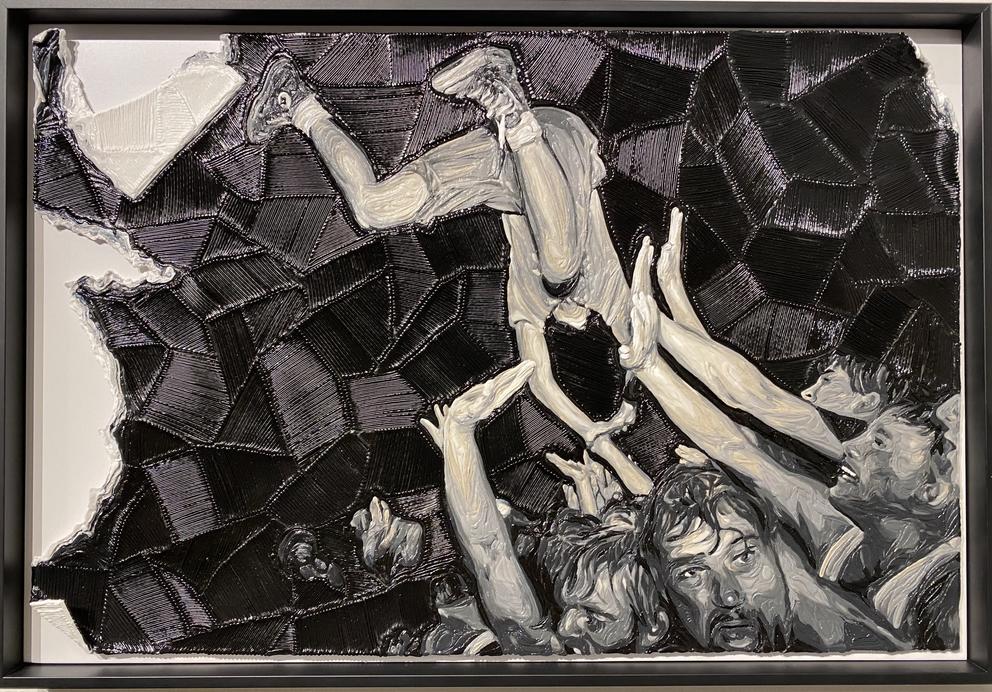 black and white artwork depicting a person stage diving into a mosh pit