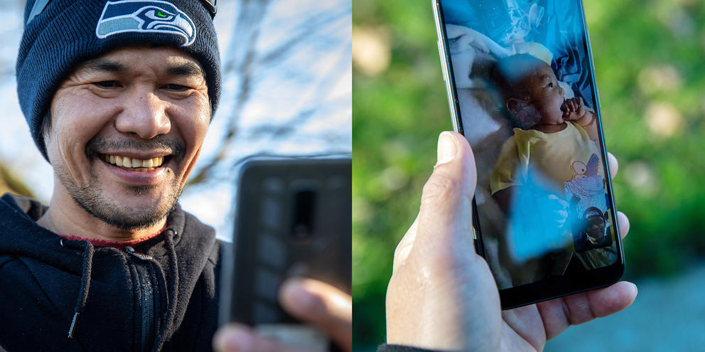 Side-by-side photos show Cabrela looking at his phone and a second image of his baby on the phone screen in his hand