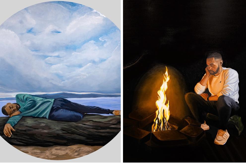 two oil paintings side/side, at left a man lies on a log by the sea; at right a man sits by a campfire