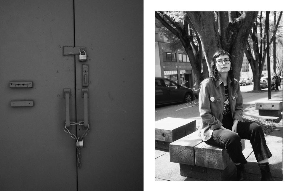 Left: Locks on the door of the former location of Seattle’s Bush Garden. Right: Cynthia Brothers in the Chinatown-International District. 