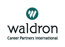 One short and two longer diagonal white lines are arranged to form the shape of a w inside a forest green circle. Underneath is the word waldron in lowercase font followed by the words Career Partners International