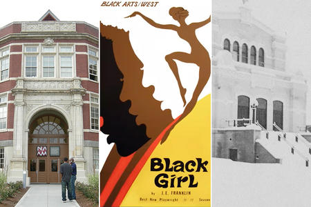 Triptych of NAAM entrance, playbill for “Black Girl,” and the entrance of the Bikur Cholim Machzikay Hadath synagogue