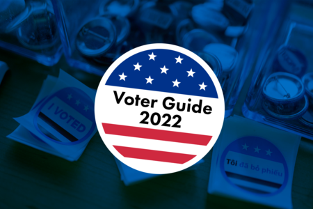 In the center of the image is a 'Voter Guide 2022' sticker resembling an 'I voted' sticker in the colors red, white and blue. The background of the image is a dark blue.