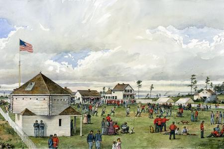 Painting of houses and people celebrating