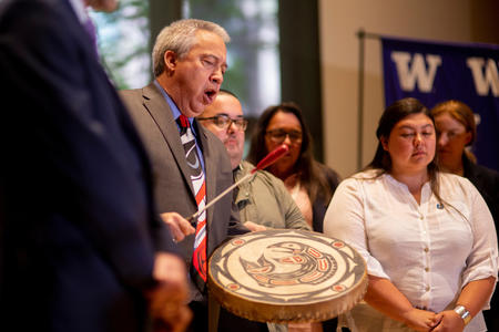Tom Wooten, chairman of the Samish Indian Nation, sings a traditional prayer song.
