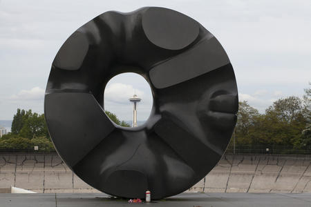 Black sun sculpture near the Seattle Asian Art Museum