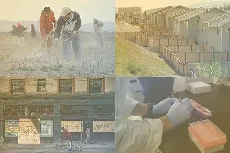 Four photos of farmworkers in a field, a row of homes, gloved hands working on test tubes and a biker going past a boarded up business 