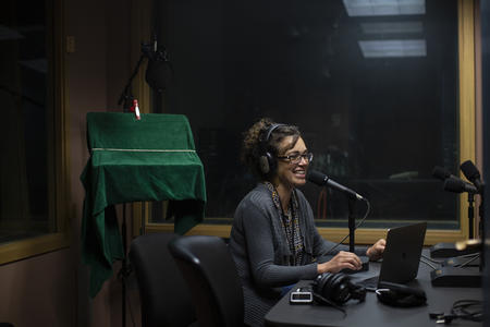 Crosscut producer Sara Bernard in the podcast studio