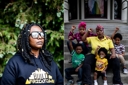A diptych of portraits of TraeAnna Holiday is community organizer with Africatown Community Land Trust (left) and Quanshie Maxwell, a relative of Shaun Fuhr