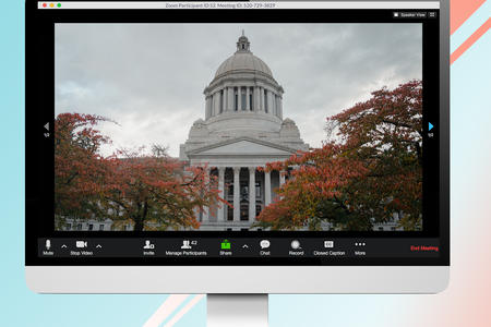Photo illustration of the state Capitol dome interposed on a Zoom meeting window