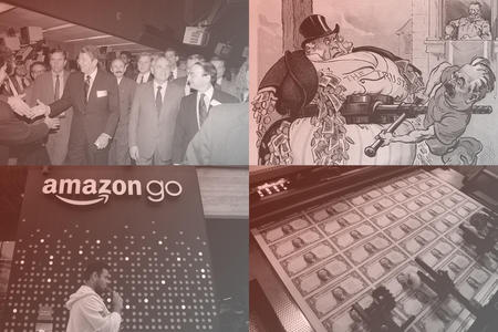 Four images: Photo of Ronald Reagan shaking hands with people, a political cartoon about Roosevelt's restrictions on trusts; money being printed; and an Amazon Go store