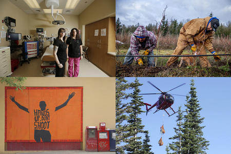Four photos: Top left, nurses; top right, farmers; bottom left, BLM artwork; bottom right, helicopter transporting sheep