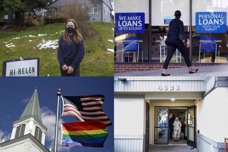 Four photos: A woman in a face mask standing outside, a person walking into a building with signs reading "We make personal loans" in the windows, people exiting an adult care facility, and a Pride flag flying with a U.S. flag