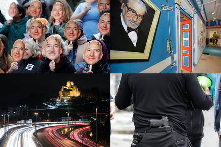 Four images, clockwise from top left: Jeff bezos signs with horns, Dr. Seuss museum, blurry Seattle street, pedestrian with a gun tucked into the back of his pants