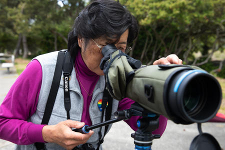 woman looks through scope to watch birds 