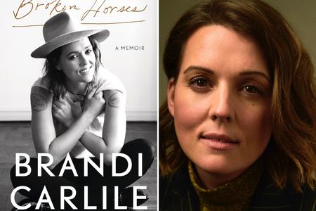 Book cover in black and white featuring Brandi Carlile and the title "Broken Horses." On the right, a close-up shot of Brandi Carlile, a white woman with mid-length brown hair, looking into the camera.