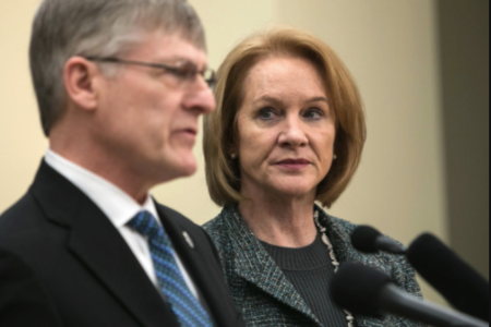 Seattle City Attorney Pete Holmes (left) and Mayor Jenny Durkan announced the city wants to vacate past marijuana convictions during a press conference at the Rainier Community Center in Seattle, Feb. 8, 2018	Credit: Lizz Giordano for Crosscut