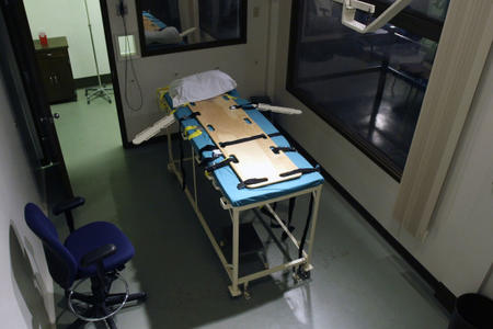 FILE - In this Nov. 20, 2008, file photo, the execution chamber at the Washington State Penitentiary is shown with the witness gallery behind glass at right, in Walla Walla, Wash. Credit: AP Photo/Ted S. Warren