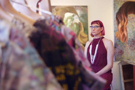 Jono Vaughan in her studio with garments created for Project 42.