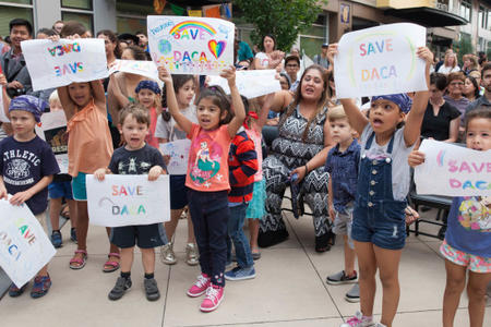 Children from José Martí Child Development Center chant during a DACA Rally at El Centro De La Raza in September.	Credit: Matt M. McKnight/Crosscut