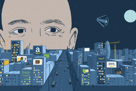 Jeff Bezos peering over Amazonland
