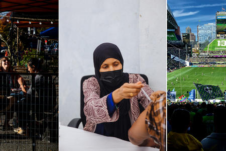 Three photos: People eating outside, a woman administering a vaccine and Lumen Park