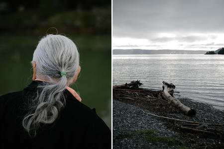 On the left, an image of the back of a man's head. His hair is silvery and in a long ponytail. On the right, an image of a beach at low light. 