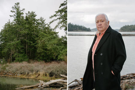 Two photos: Trees and brush along the shore, and a portrait of Larry Campbell