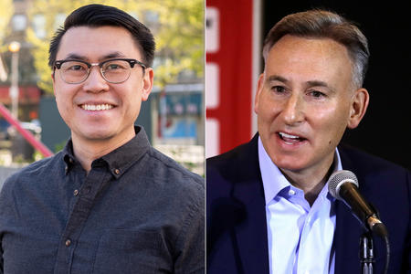 Joe Nguyen is shown smiling into the camera at left, Dow Constantine speaking into a mic at right