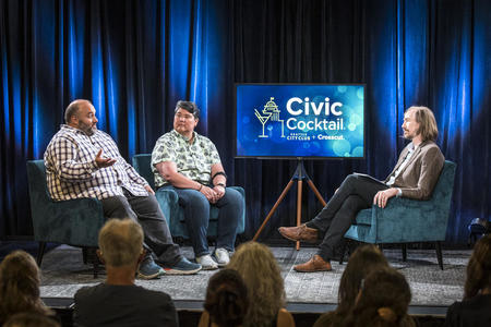 Artist Home's Kevin Sur and Northwest Folklife's Reese Tanimura speak with guest host Mark Baumgarten during Civic Cocktail at Town Hall Seattle on Wednesday, July 13, 2022.