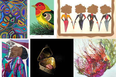 Collage of artworks: abstract round shapes, a colorful bird, a plastic tongue in antique box, four golden abstracted figures and a person in a colorful sweater