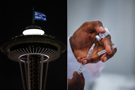 A splitscreen of the Space Needle on the left and a hand with a vaccine dose on the right 