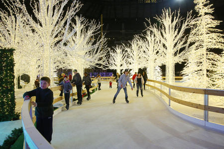 People ice skate down a frozen path flanked by trees made of Christmas lights