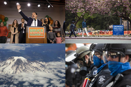 Four photos: Bruce Harrell at a podium, people walking at a park, SPD officers, and an aerial view of Mt. Rainier