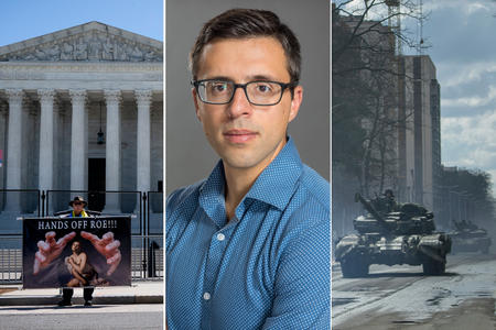 Triptych of U.S. Supreme Court building, Ezra Klein and a tank in the street