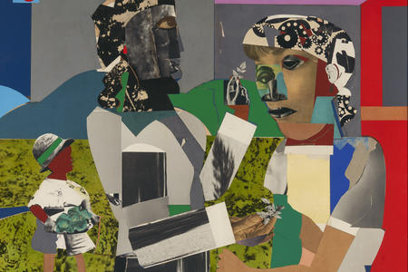 collage and painting with two female figures