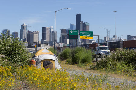 A lone tent pitched in South Seattle
