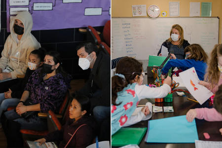 Two photos of masked students, families, and teachers 