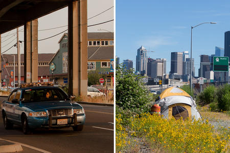 a side by side photo of a police car and a homeless person's tent