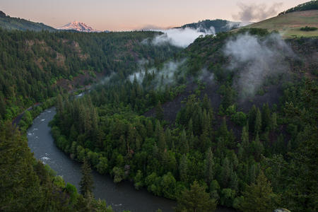 Klickitat River winds through a forested canyon, with Mt. Adams beyond.
