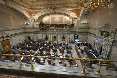a view of the floor of the Washington State Senate, taken rom above 