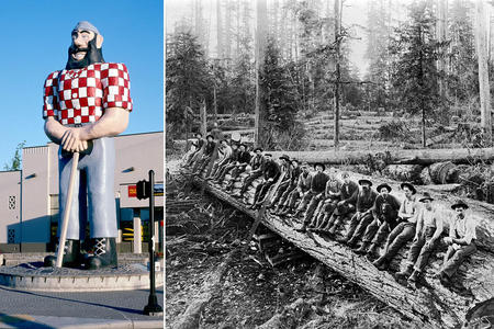 Paul Bunyan and archival photo of lumberjacks