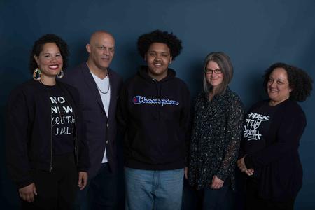 Among the five Crosscut Courage Awards winners is Creative Justice, an organization recognized in the Courage in Culture category. From left to right: Nikkita Oliver, Aaron Counts, Kardea Buss, Jordan Howland, and Heidi Jackson of Creative Justice.