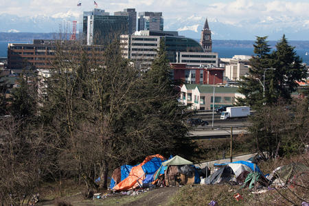 Tents and the Seattle skyline